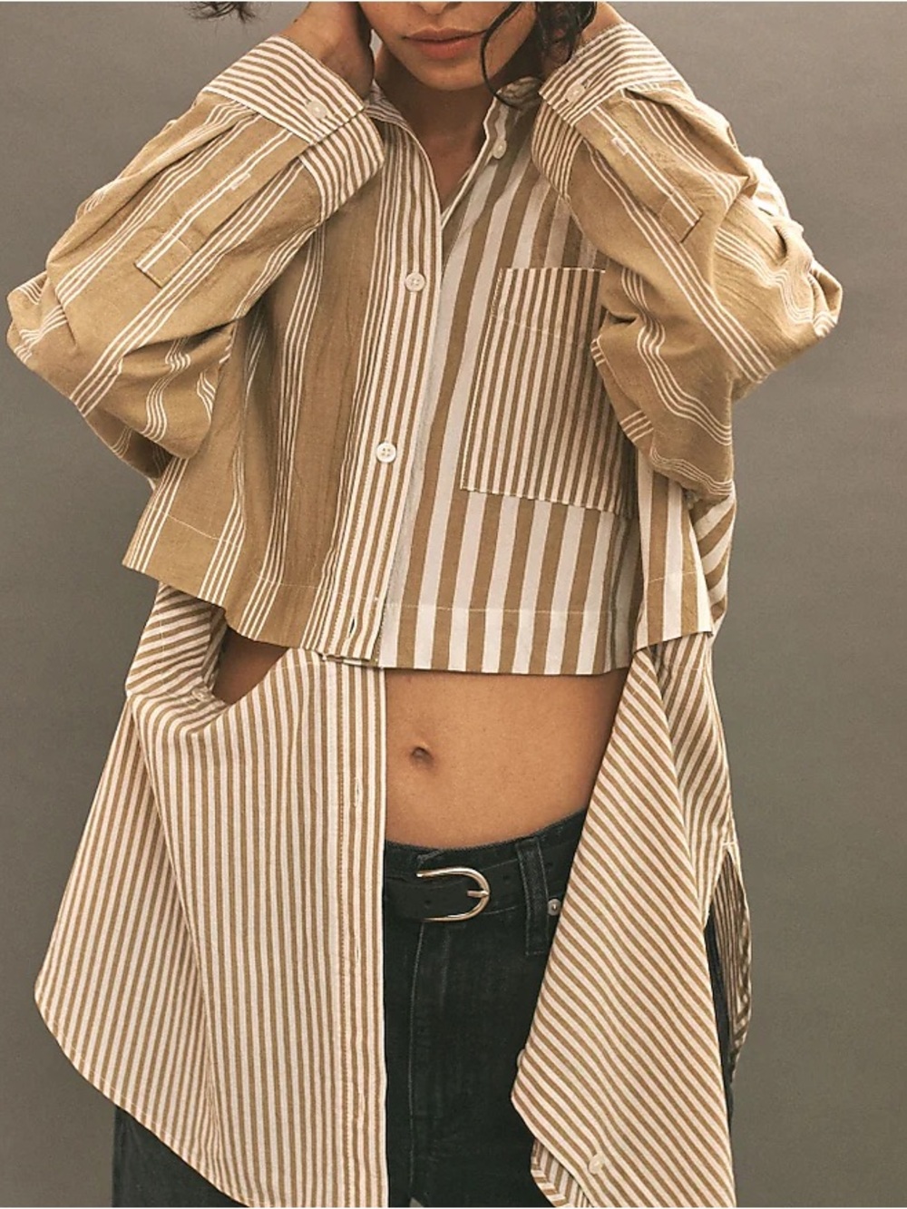 Madewell Tan White Striped Modular Oversized Button-Down Shirt 3761 - Picture 1 of 13